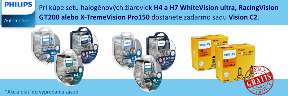 Pri kúpe setu halogénových žiaroviek H4 a H7 WhiteVision ultra, RacingVision GT200 alebo X-TremeVision Pro150 dostanete zadarmo sadu Vision C2.