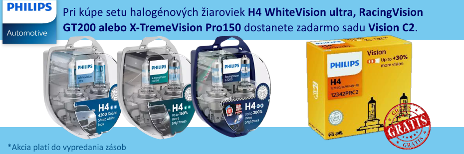 Pri kúpe setu halogénových žiaroviek H4 WhiteVision ultra, RacingVision GT200 alebo X-TremeVision Pro150 dostanete zadarmo sadu Vision C2.
