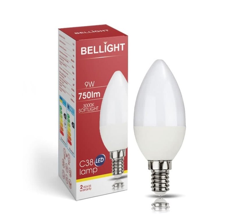 BELLIGHT LED  180-260V C38 9W E14 750lm teplá biela sviečka